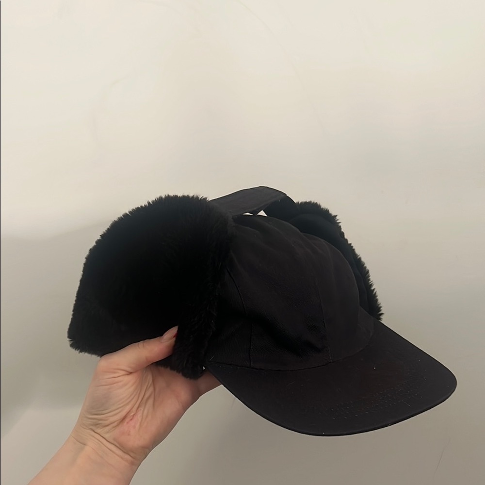 Black ear muff fold over Winter Hat fur lined cap